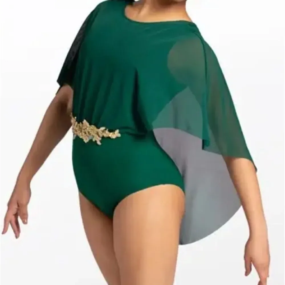 WEISSMAN Elite solo Dance Costume green Mesh Draped Cape Leotard SM12293 LC